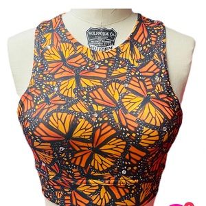 Gorgeous rhinestone encrusted monarch butterfly crop top for exercise and more.
